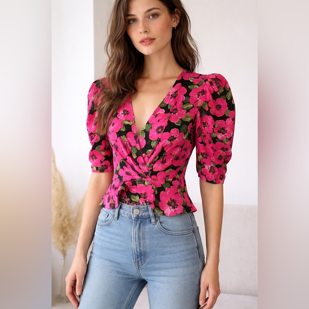 Zara Floral Blouse Size XS NWT Career Office Faux Wrap Romantic Feminine